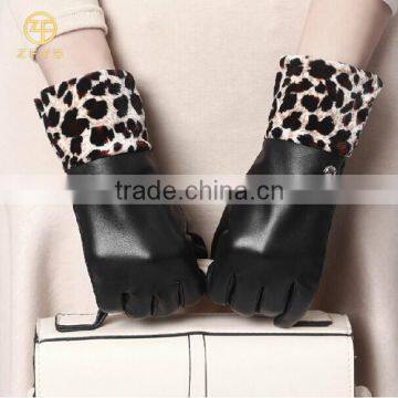 Ladies genuine winter handmade leather gloves with leopard cuff