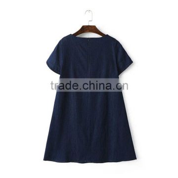 lady clothing round collar short sleeve casual dress of denim dress