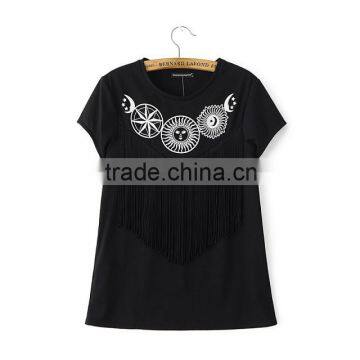 clothing manufacturer printed image black tassel round collar t shirt for girls