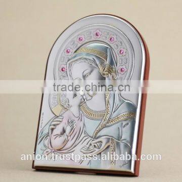 Greek & Russian Orthodox Wooden Icon. Mother God. Eleousa. Silver. Made in Italy