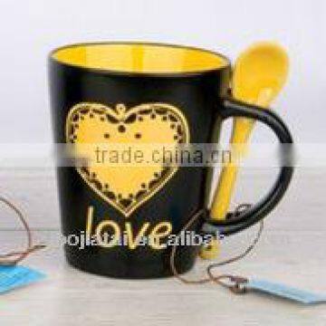 12oz Inner Yellow Glazed Funnel Shape Ceramic Spoon Mug with Heart Decal