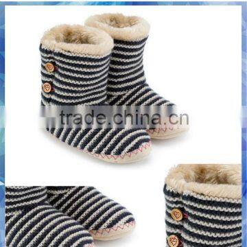 cream and navy stripe knit indoor winter boots with heart-effect button