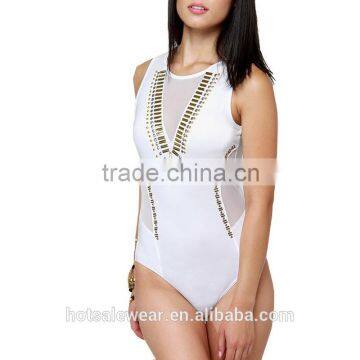 2016 Cheap Sexy Dance Golden Meteal Stick Mesh Insert Club Bodysuits PLM-7618