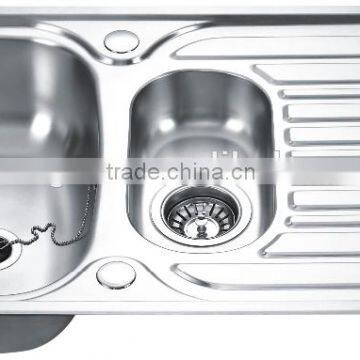 Deep Drawn Stainless Steel 304 Double Bowl Kitchen Sink with Drainboard GR-965B