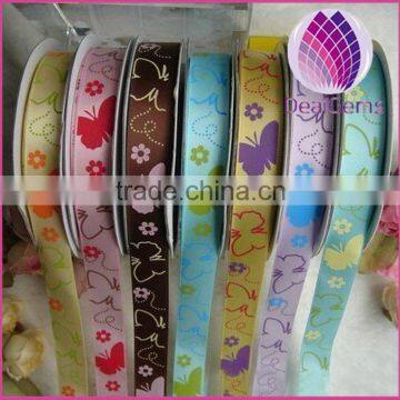 Cute butterfly grosgrain ribbon,5/8 inch with single-side printed animal,Children's hair accessories,100yards / roll.