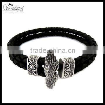 Chameleon Black Genuine Leather Braided Bracelet with Stainless Steel Wings, Skulls