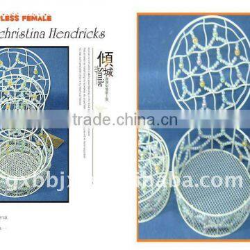 Round Creamywhite Wire Decorative With Mix Pearl Storage Box With Lid