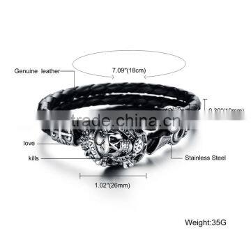 New Trending Skull Style Stainlesss Steel Genuine Leather Bracelet Men photo-6