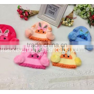 Fashion acrylic baby knitted hat with ball and bow,looks like rabit