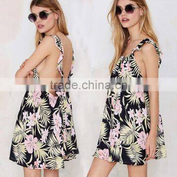 Ladies Fashion Sexy Back Open Floral Print Falbala Halter Top Short Dress photo-2