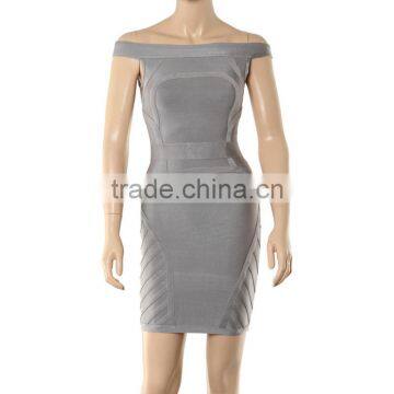 Grey Off The Shoulder Slash Neck Sexy Knitted Short HL Bodycon Bandage Dress photo-3