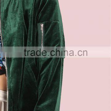 Women Smooth Velvet Bomber Jacket Hunter Green Zip Up Coat With Ribbed Cuff And Collar photo-6