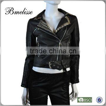 2014-2015 wholesale fashion lady leather jacket Stylish women's Black Leather Jacket With Beaded