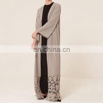 2017 Latest Design Burqa Muslim Girls Clothes Open Front Cardigan Abaya Grey Color Kimono With Lace Hem photo-2