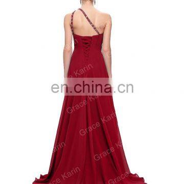 Grace Karin Fashion Beaded One Shoulder Dark Red Chiffon Prom Dress Long CL2949-7 photo-2