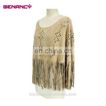 Wholesale Camel Color Laser Cut Suede Long Cardigan With Fringe photo-5