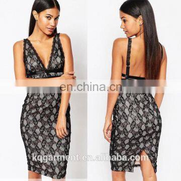 Fashion latest lace summer midi dresses/ v -plunge neck bodycon sexy night dress for OEM