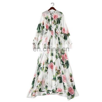 TWOTWINSTYLE Lace Up Bowknot Women's Dress O Neck Lantern Long Sleeve High Waist Ruched Floral Print Dresses