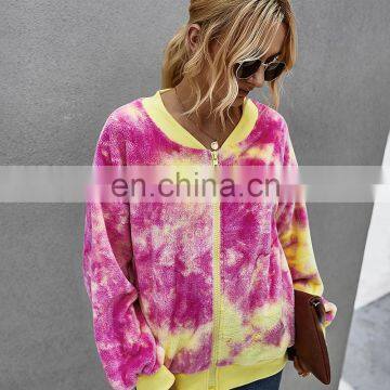 LAITE H2033 Hot Sales Fashion Contrast Color Women's Sweatshirts Ladies Zipper-up Tie Dye Crew Neck Sweatshirt photo-3