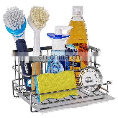 Stainless Steel Rustproof Sponge Dish Brush Soap Dispenser Holder Rack Countertop Kitchen Sink Caddy Organizer with Drain Tray