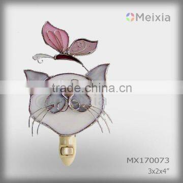 MX170073 wholesale tiffany style cat and butterfly decorative plug in stained glass funny night light