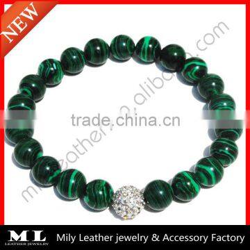 2014 Natural Green Malachite Pave Crystal Handmade Stone Bead Bracelet MLAS-046