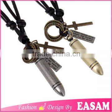 Factory wholesale vintage genuine leather cord necklace with bullet pendant