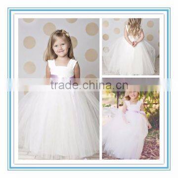 Latest Ball Gown Sleeveless Square White Tulle Lovely Long Custom Made Flower Girl Dresses for Wedding 2015(FTTP-FG03)