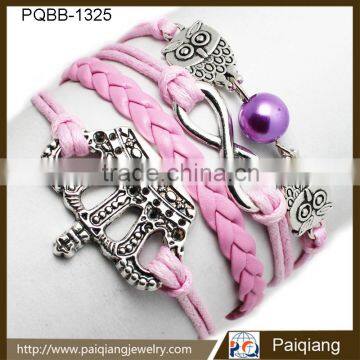 Wholesale fashion hot selling leather braided crown infinity owl charm cord bracelet