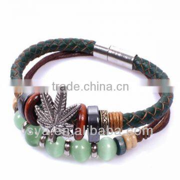 Synthetic Gem Leaf Alloy Wooden Beaded Leather Braided Bracelet