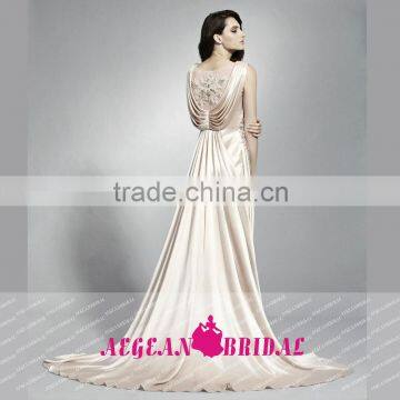 HT32 Hot Sale Elegant High Neck Cap Sleeve 2015 Prom Dresses Floor Length Beaded Applique Satin Vestido De Formatura Longo photo-2