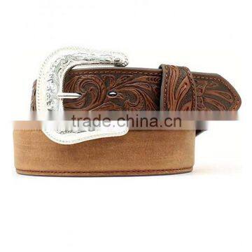 Western cowboy's Silver Buckle Belt Floral Embossed Leather Belt