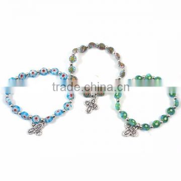 8mm azure flower beads bracelet ,4mm iron rosary bracelet with cross