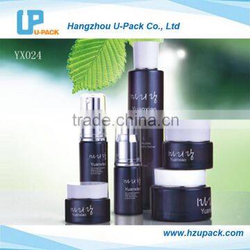 Fashion design cosmetic black glass bottle and face cream glass jar for cosmetic packaging