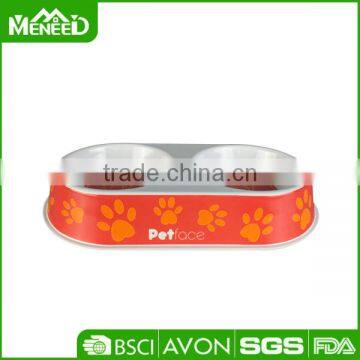 Melamine pet face & feet printed high quality plastic twin pet bowl