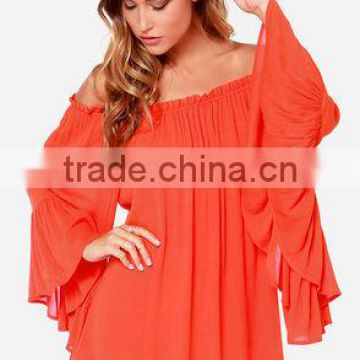 women Sexy Maxi Casual Vestidos Rust Orange Off The Shoulder Long Ruffle Bell Sleeve Chiffon Tube Mini Dress Slub cotton dress