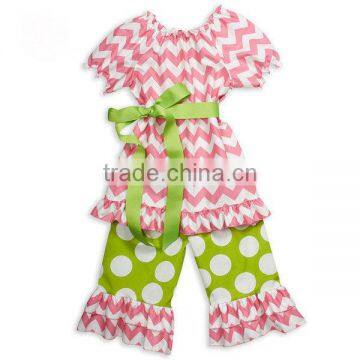 Pink Chevron Lime Dot Ruffle Capri clothing Set for baby girls