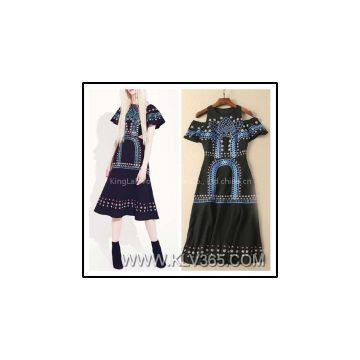 European Fashion Style Women Embroidery Long Maxi Party Dress