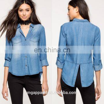 2017 Custom women's faded cotton blank denim shirts wholesale