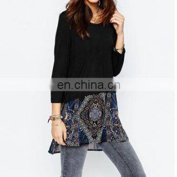 2016 Latest fashion woman blouse in twinset design with printed chiffon hem