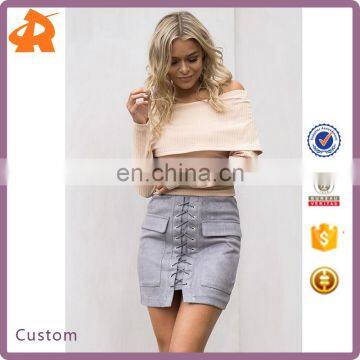 Women Short Skirt Casual Lace up Pockets Bandage Suede High Wasit Mini Skirt