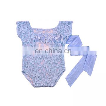 7 colors newborn baby photography prop lace baby romper with bow streamer