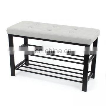 Customized Modern and Practical Metal Fabric Shoe Stool Shelves Storage Bench With Buttons for Living Room photo-5
