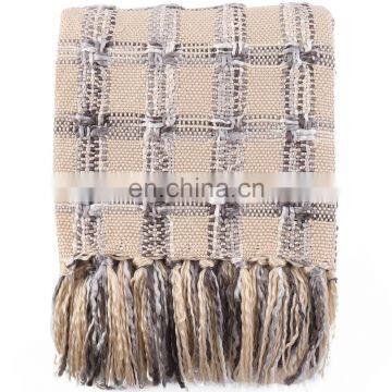 100%Acrylic Thick Beige Woven Check Pattern South Korean Style Blanket photo-2