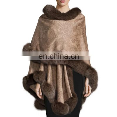 Women Cashmere Shawl with Fur Trim