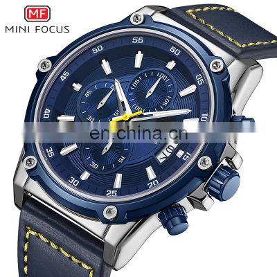 Mini Focus MF0175G Original Men Quartz Wristwatch Waterproof Chrono Date Leather Strap Classic Watch for Men