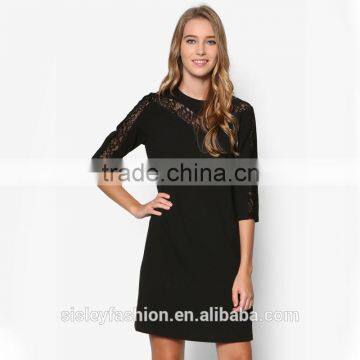 Women black dress design long sleeve cotton dress knee length short dress fashion D338