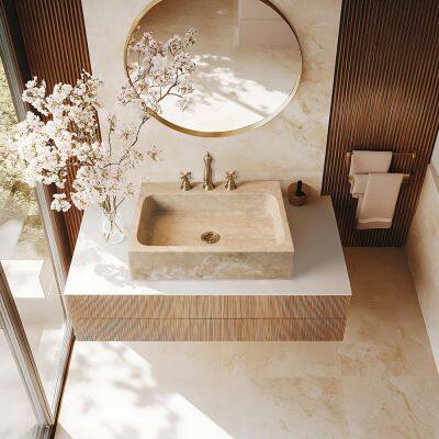 Travertine Marble Easy Clean Rectangular Countertop Vessel Sink Factory Direct Wholesale Hand Wash Basin OEM ODM for Hotel