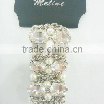 FASHION ELASTIC CHUNKY CHAIN PEARL GLASS STONE BRACELET