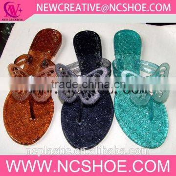 massage glitter crystal thong women flip flop PVC slipper with butterfly